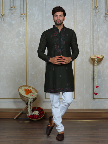 Mehandi Green Georgette Thread Embroidered Kurta Set for Men