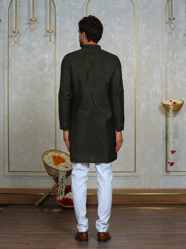 Mehandi Green Georgette Thread Embroidered Kurta Set for Men