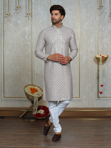 Fawn Silk Embroidered Kurta Set for Men