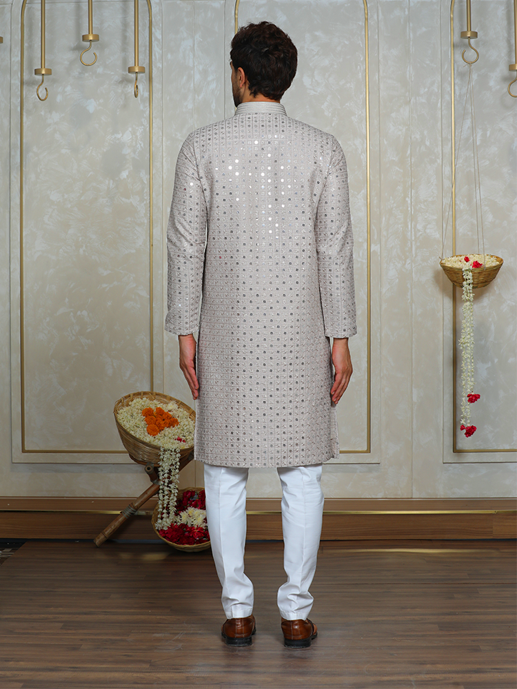 Fawn Silk Embroidered Kurta Set for Men