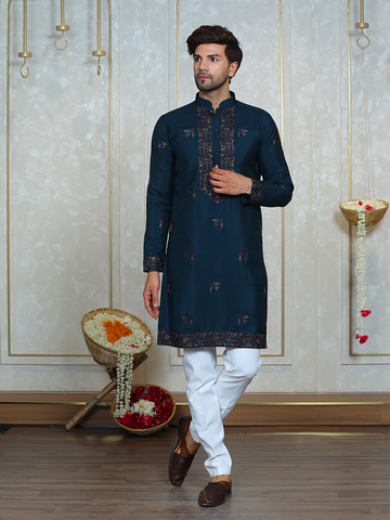 Teal Blue Georgette Thread Embroidered Kurta Set for Men