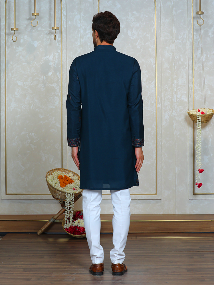 Teal Blue Georgette Thread Embroidered Kurta Set for Men