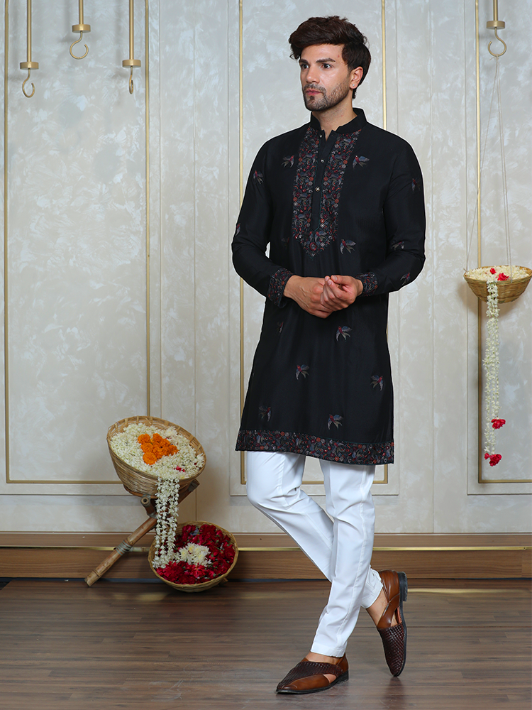 Black Georgette Thread Embroidered Kurta Set for Men