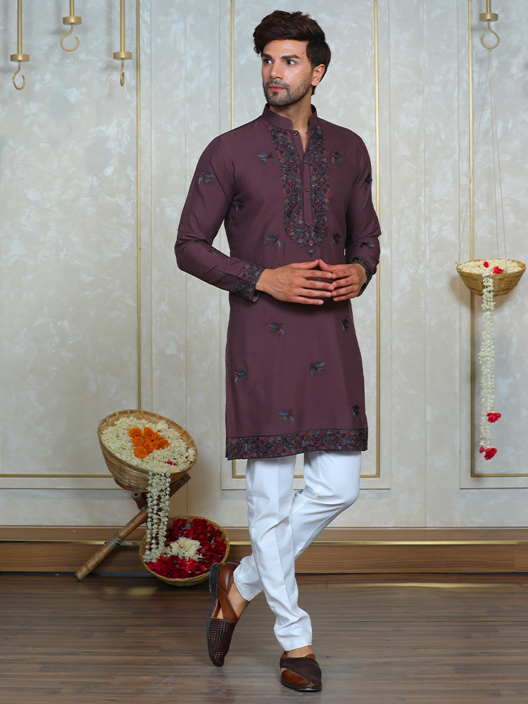 Mauve Georgette Thread Embroidered Kurta Set for Men