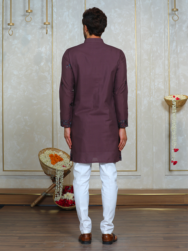 Mauve Georgette Thread Embroidered Kurta Set for Men