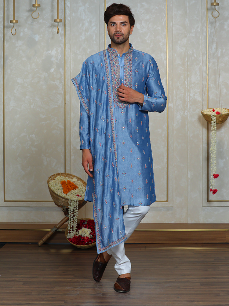 Sky Blue Silk Thread Embroidered Kurta Set with Dupatta for Men