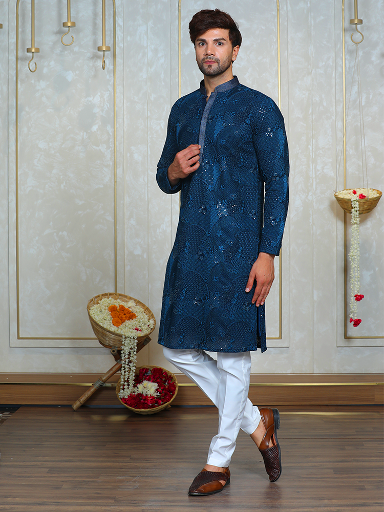 Ferozi Blue Embroidered Kurta Set for Men