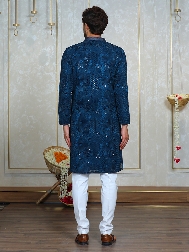 Ferozi Blue Embroidered Kurta Set for Men