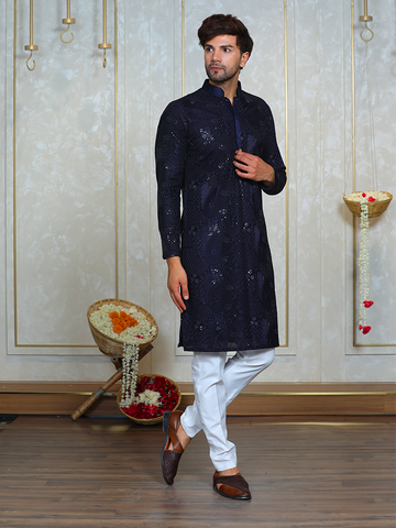 Navy Blue Embroidered Kurta Set for Men