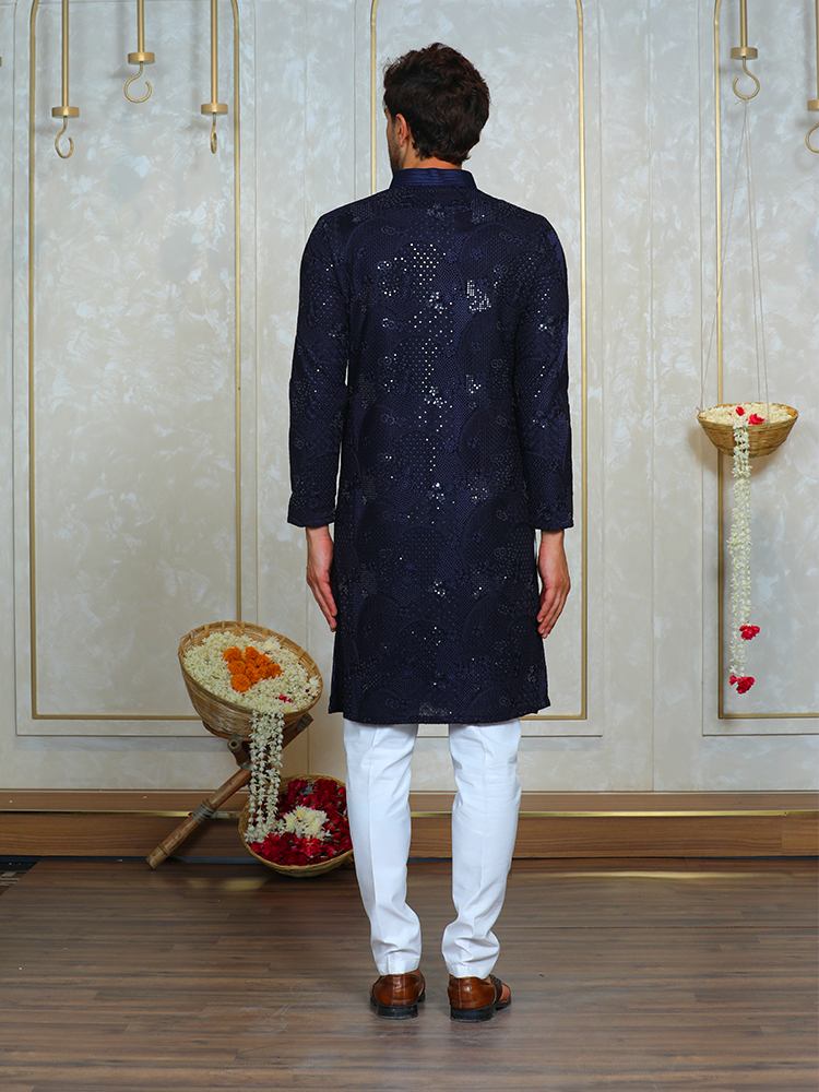 Navy Blue Embroidered Kurta Set for Men