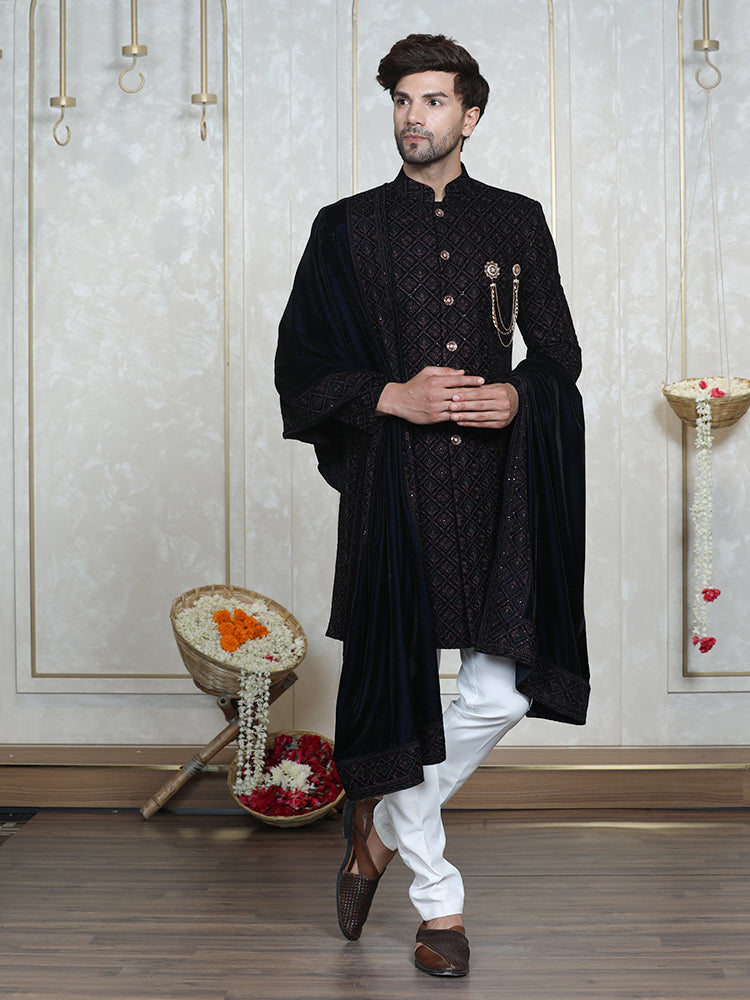 Wine Velvet Embroidered Sherwani Set with Dupatta