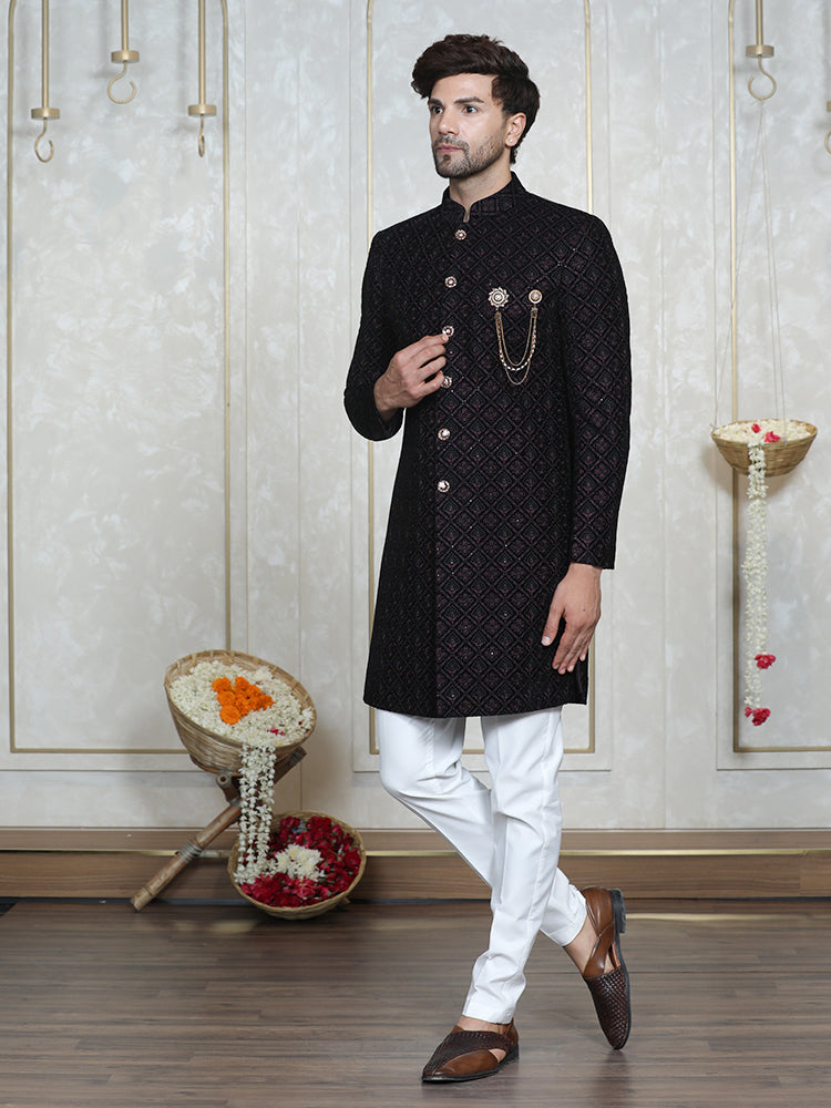 Wine Velvet Embroidered Sherwani Set with Dupatta