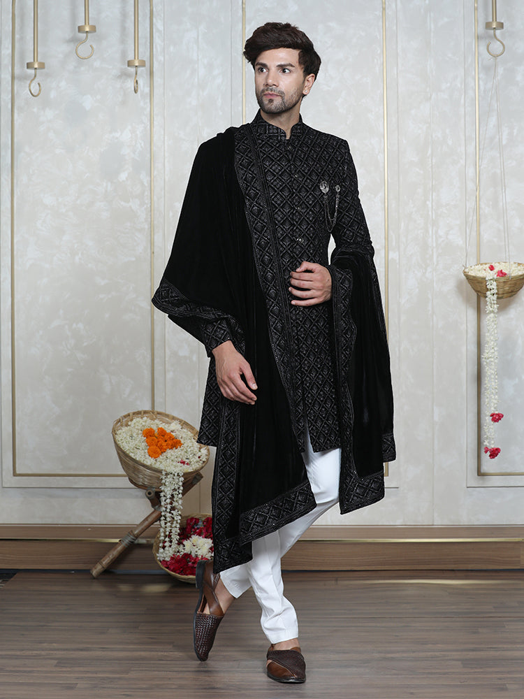 Black Velvet Embroidered Sherwani Set with Dupatta