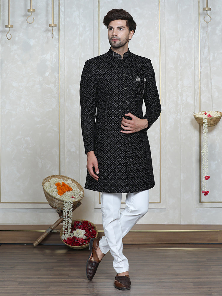 Black Velvet Embroidered Sherwani Set with Dupatta