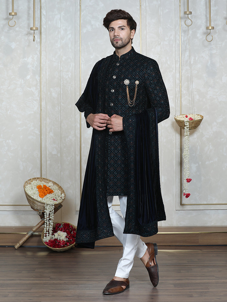 Rama Green Velvet Embroidered Sherwani Set with Dupatta