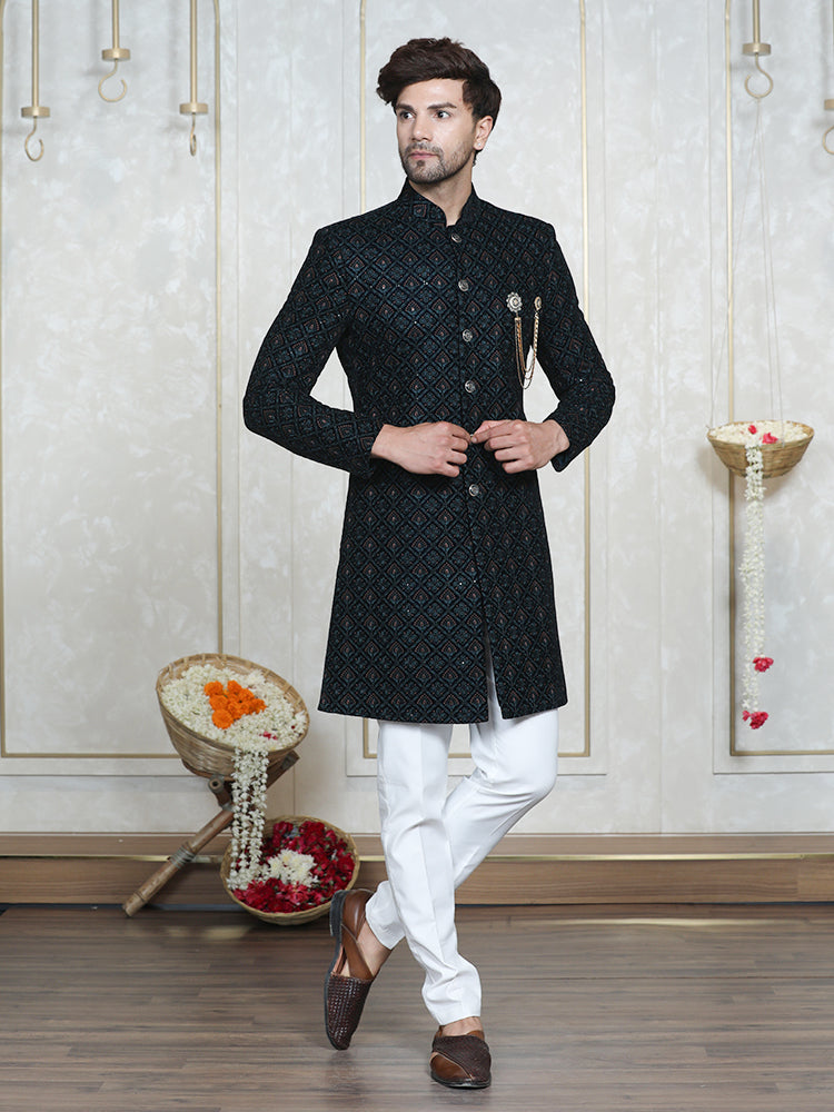 Rama Green Velvet Embroidered Sherwani Set with Dupatta