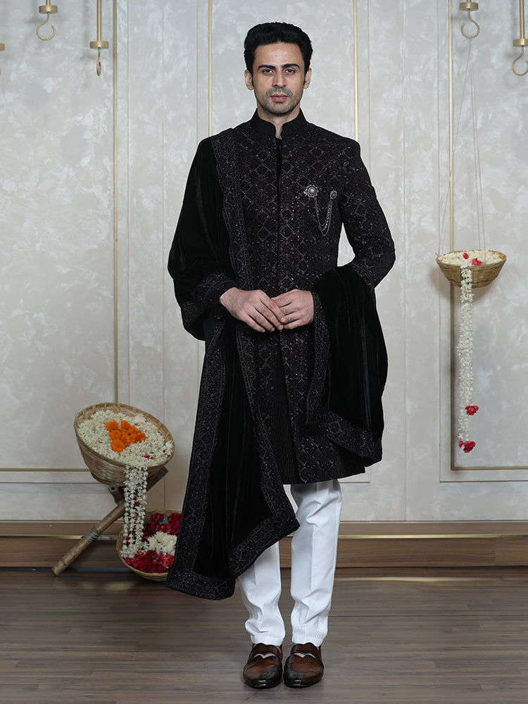 Wine Velvet Embroidered Sherwani Set with Dupatta