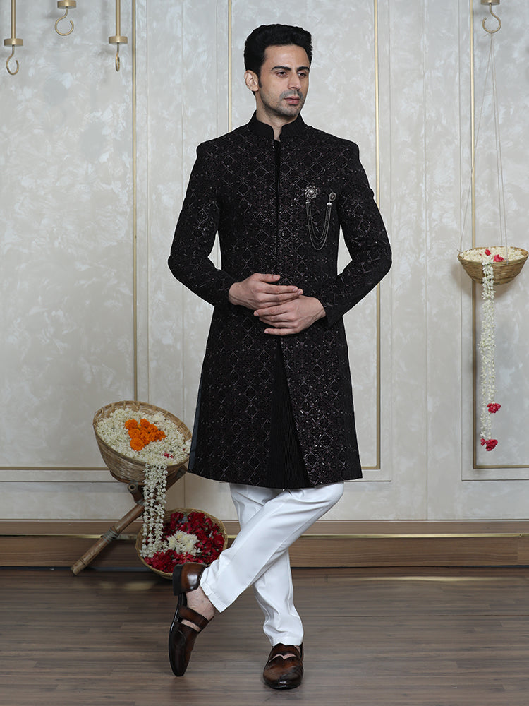 Wine Velvet Embroidered Sherwani Set with Dupatta