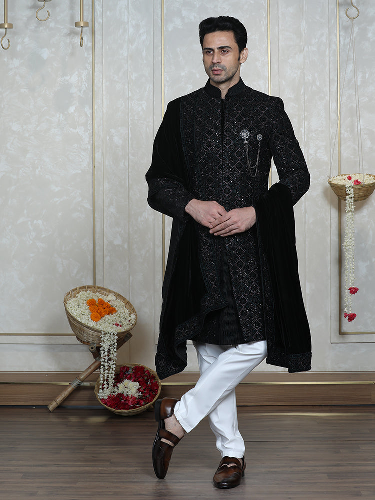 Rama Green Velvet Embroidered Sherwani Set with Dupatta