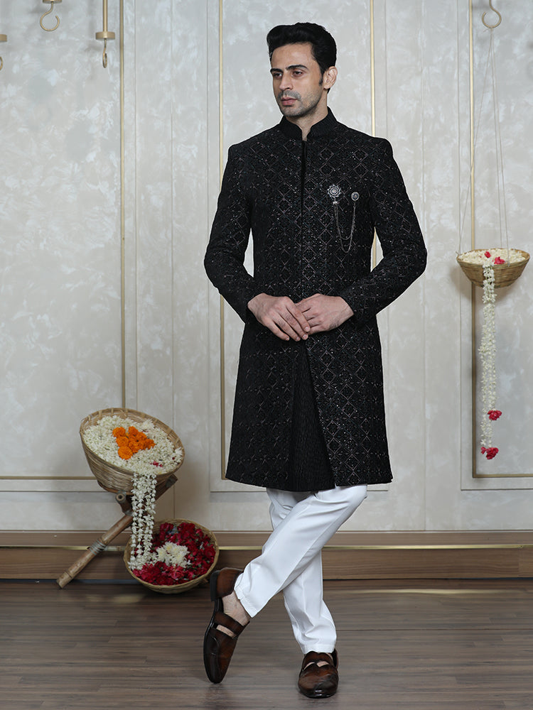 Rama Green Velvet Embroidered Sherwani Set with Dupatta