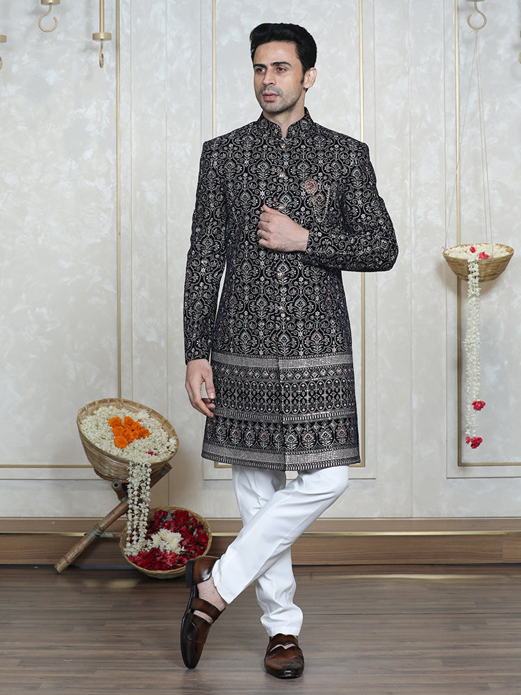 Navy Blue Velvet Embroidered Sherwani Set with Dupatta