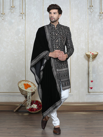 Black Velvet Embroidered Sherwani Set with Dupatta