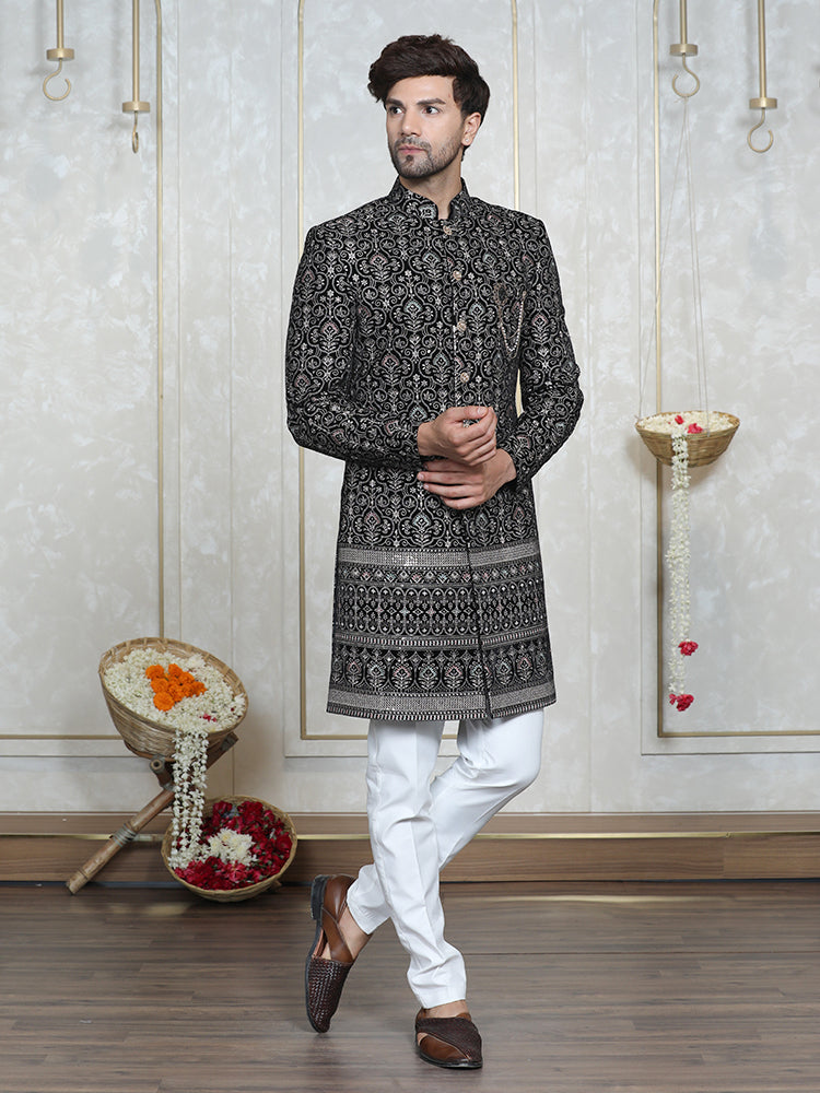 Black Velvet Embroidered Sherwani Set with Dupatta