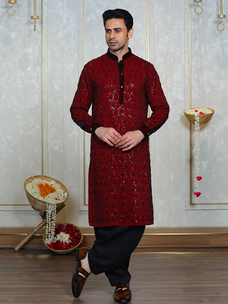 Mehroon Georgette Cutdana Work Kurta Set for Men