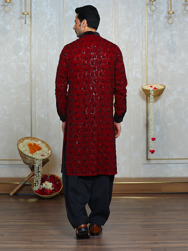 Mehroon Georgette Cutdana Work Kurta Set for Men