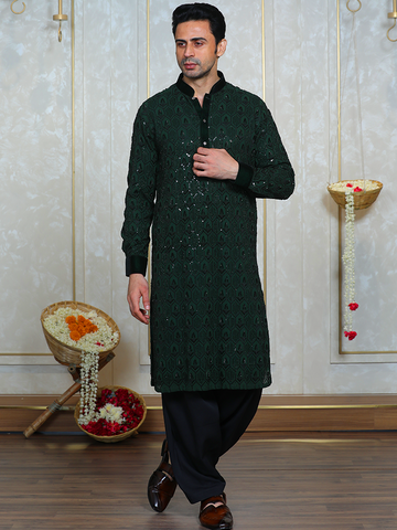 Green Georgette Cutdana Work Kurta Set for Men