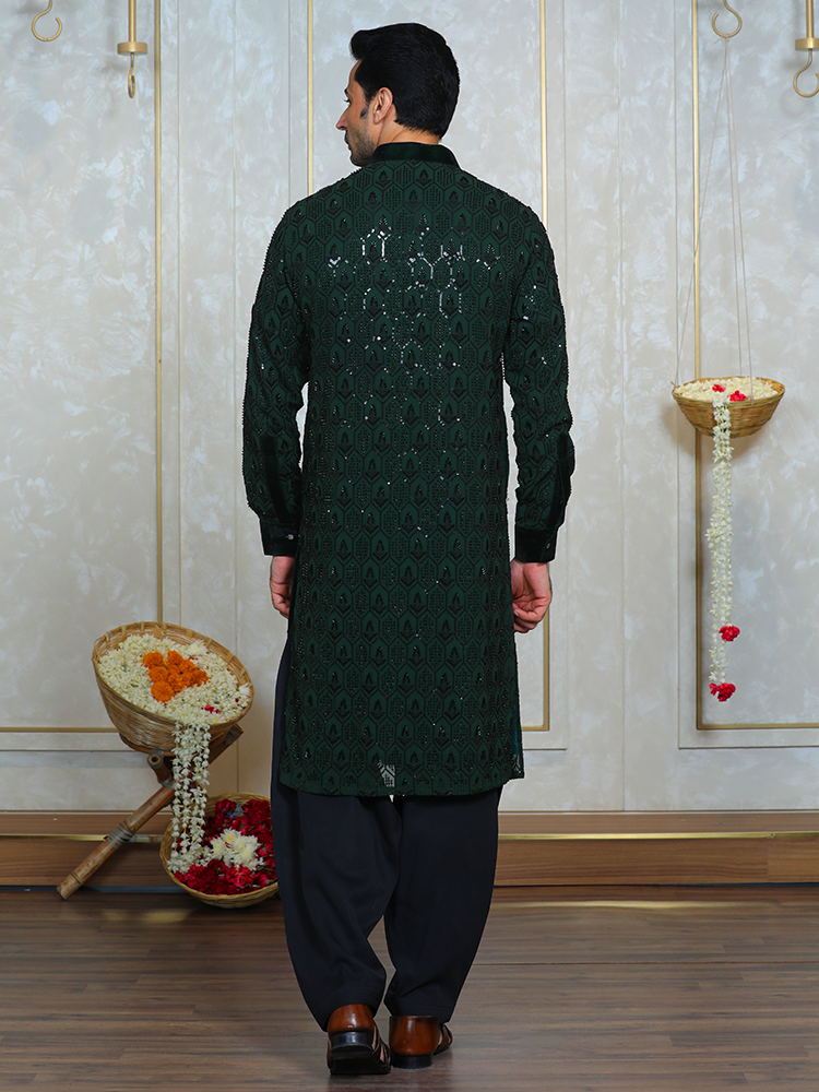 Green Georgette Cutdana Work Kurta Set for Men