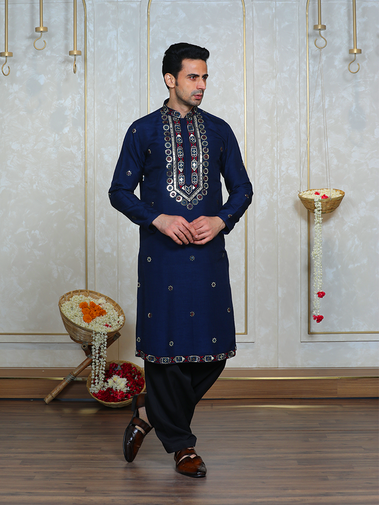 Navy Blue Embroidered Kurta Set for Men