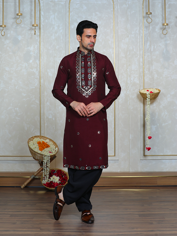 Mehroon Embroidered Kurta Set for Men