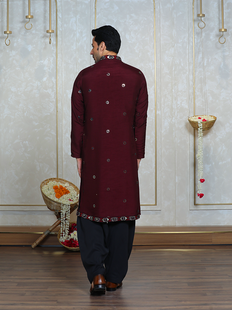 Mehroon Embroidered Kurta Set for Men