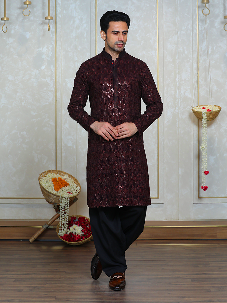 Mehroon Georgette Thread Embroidered Kurta Set for Men