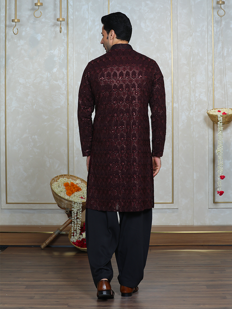 Mehroon Georgette Thread Embroidered Kurta Set for Men