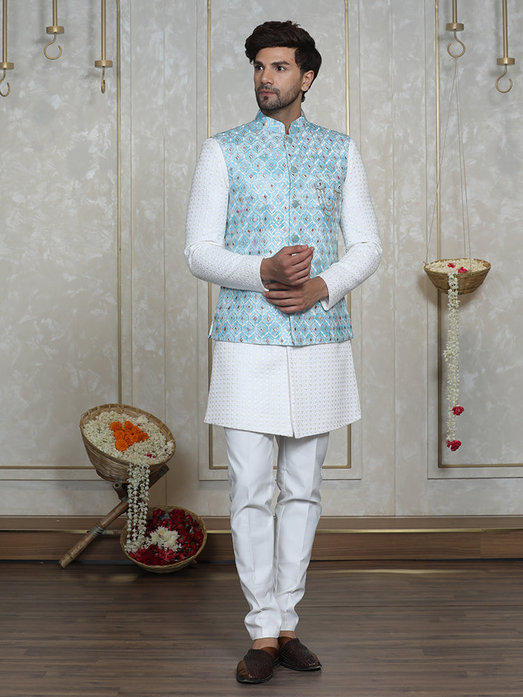 Blue Nehru Jacket Set with Lakhnavi Indo Western