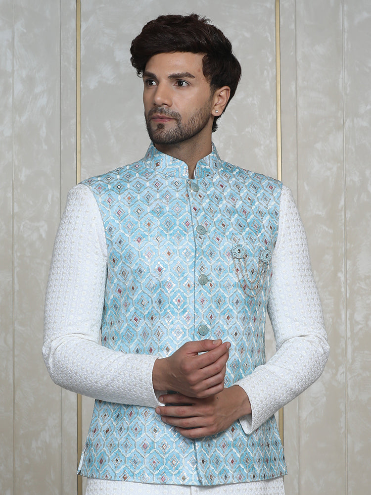 Blue Nehru Jacket Set with Lakhnavi Indo Western