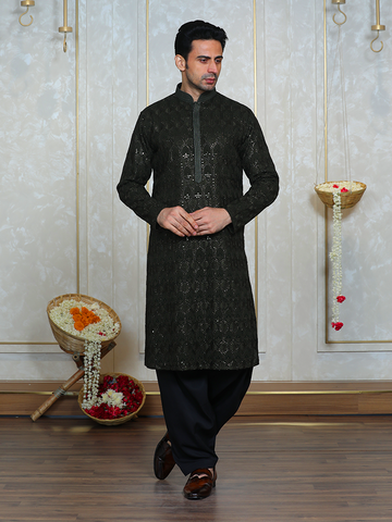 Mehandi Green Georgette Thread Embroidered Kurta Set for Men