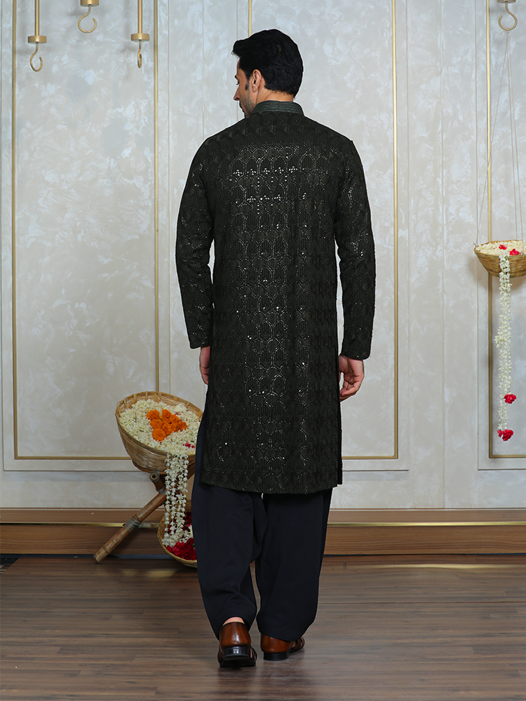 Mehandi Green Georgette Thread Embroidered Kurta Set for Men