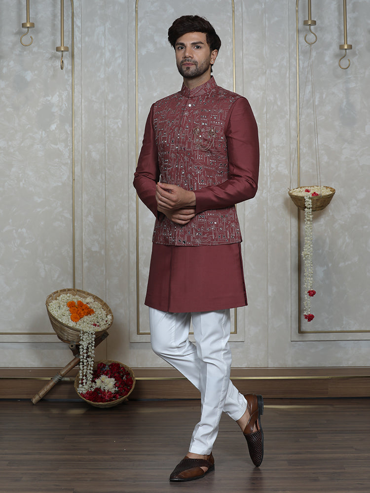 Dark Pink Embroidered Nehru Jacket Set with Mirror Work