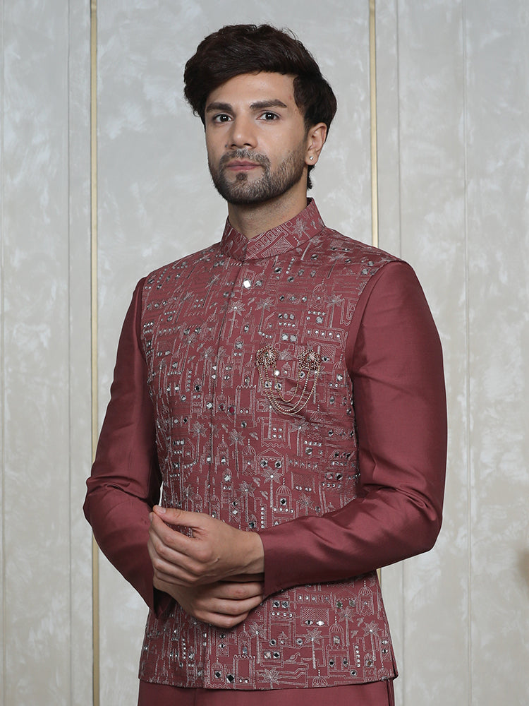 Dark Pink Embroidered Nehru Jacket Set with Mirror Work