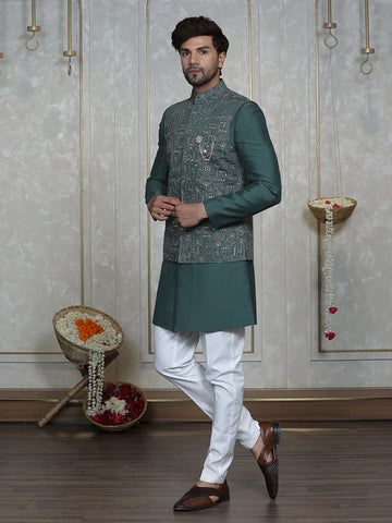 Green Embroidered Nehru Jacket Set with Mirror Work