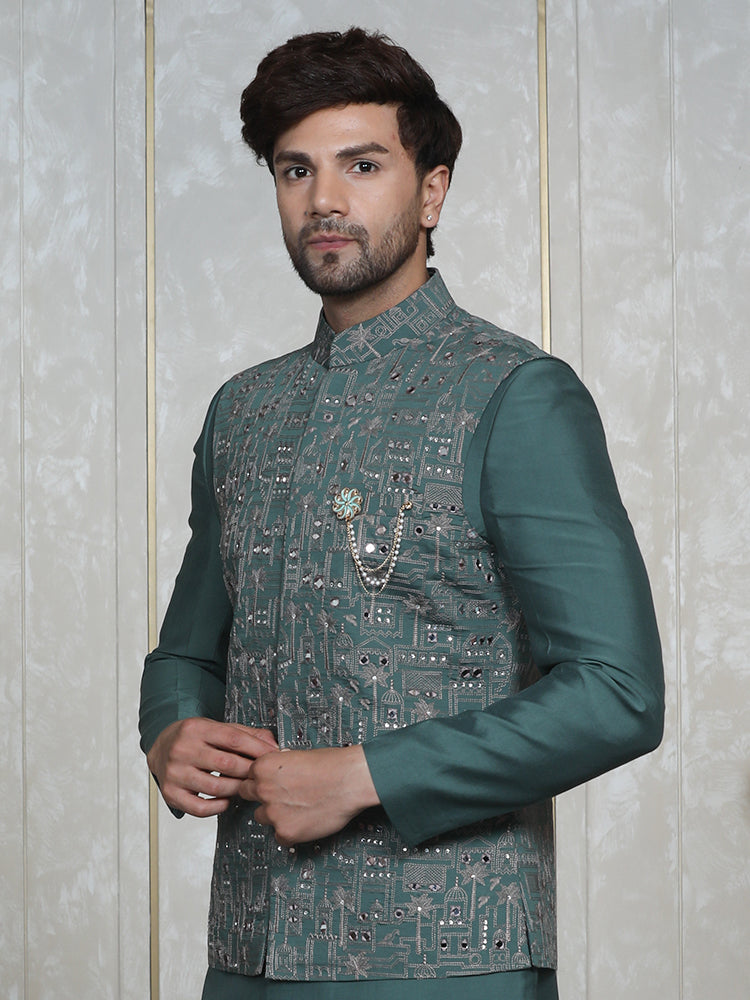 Green Embroidered Nehru Jacket Set with Mirror Work