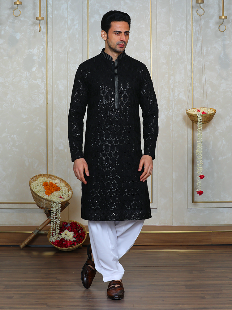 Black Georgette Thread Embroidered Kurta Set for Men