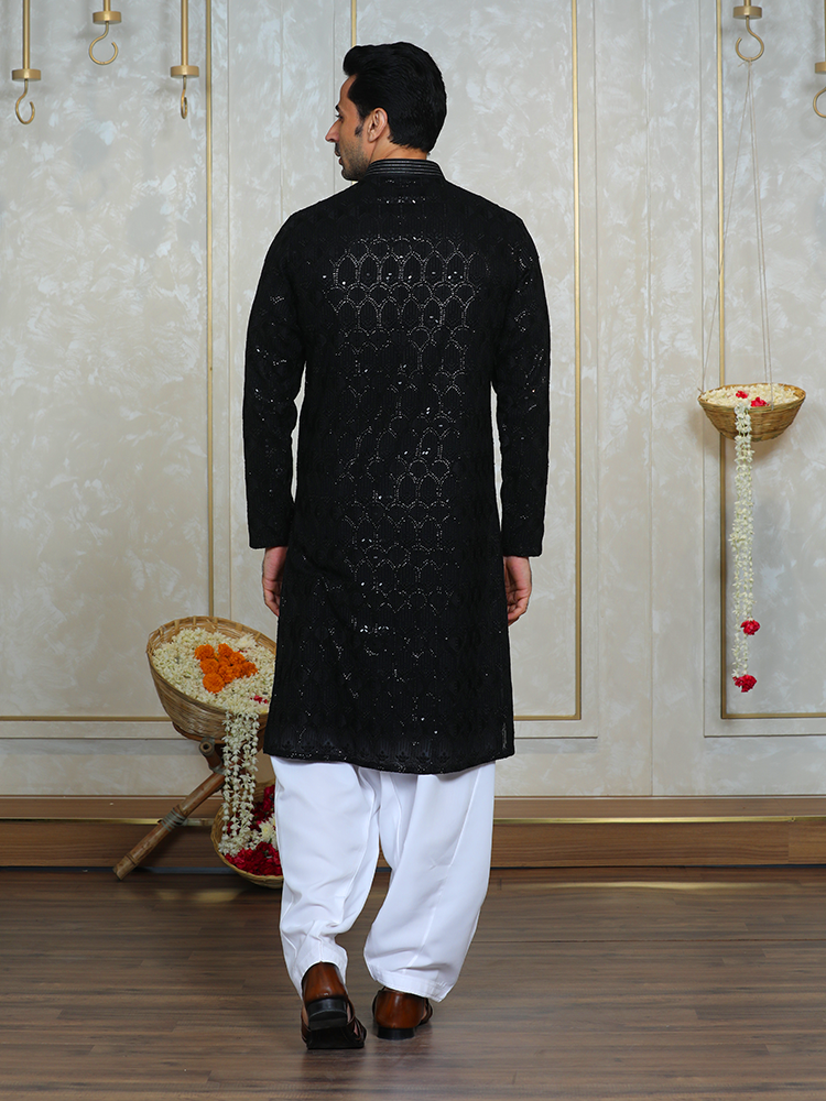 Black Georgette Thread Embroidered Kurta Set for Men