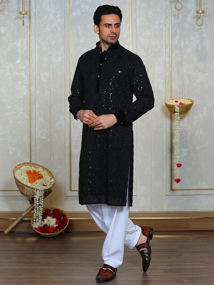 Black Georgette Cutdana Work Kurta Set for Men