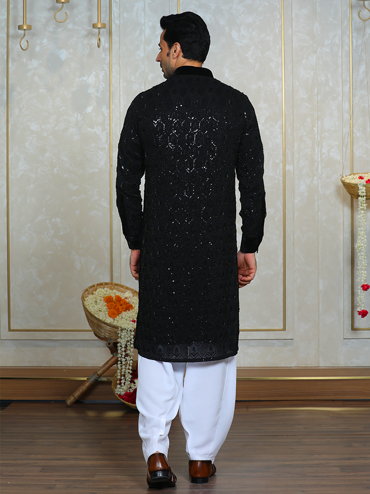 Black Georgette Cutdana Work Kurta Set for Men