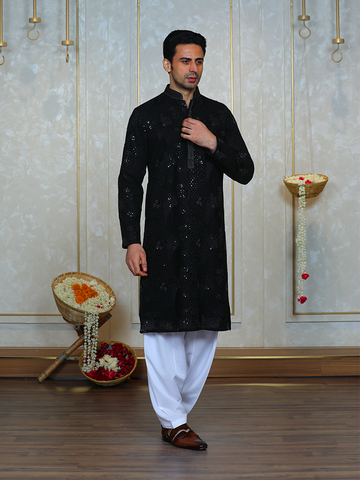 Black Embroidered Kurta Set for Men