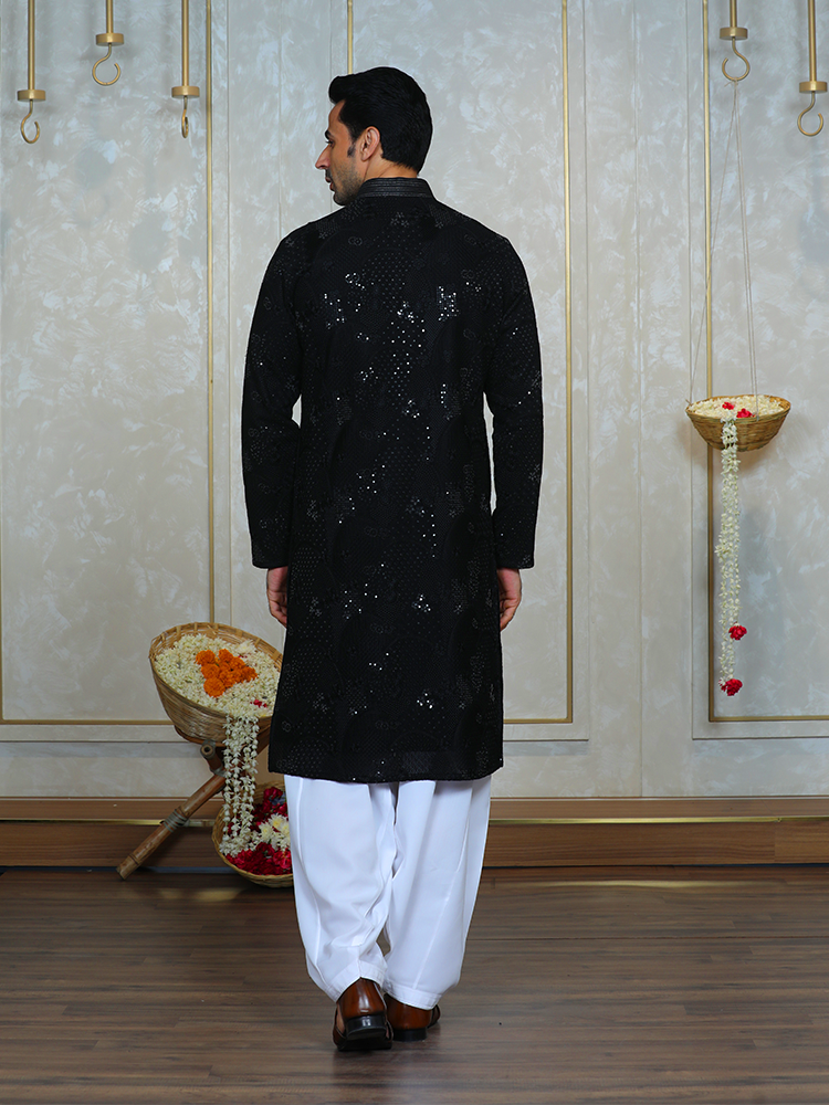 Black Embroidered Kurta Set for Men